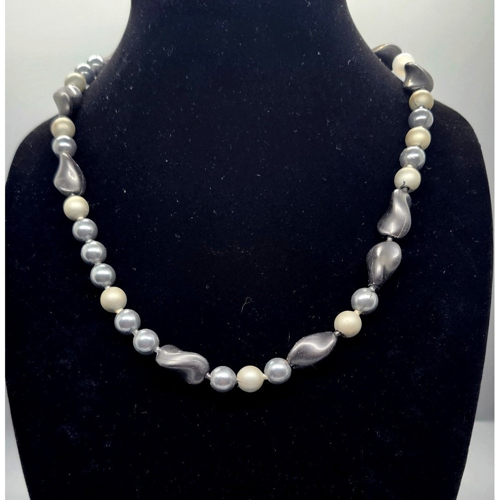 Vintage Grey Silver Cream Beaded Necklace Organic Twist Faux Pearl 22 Inch